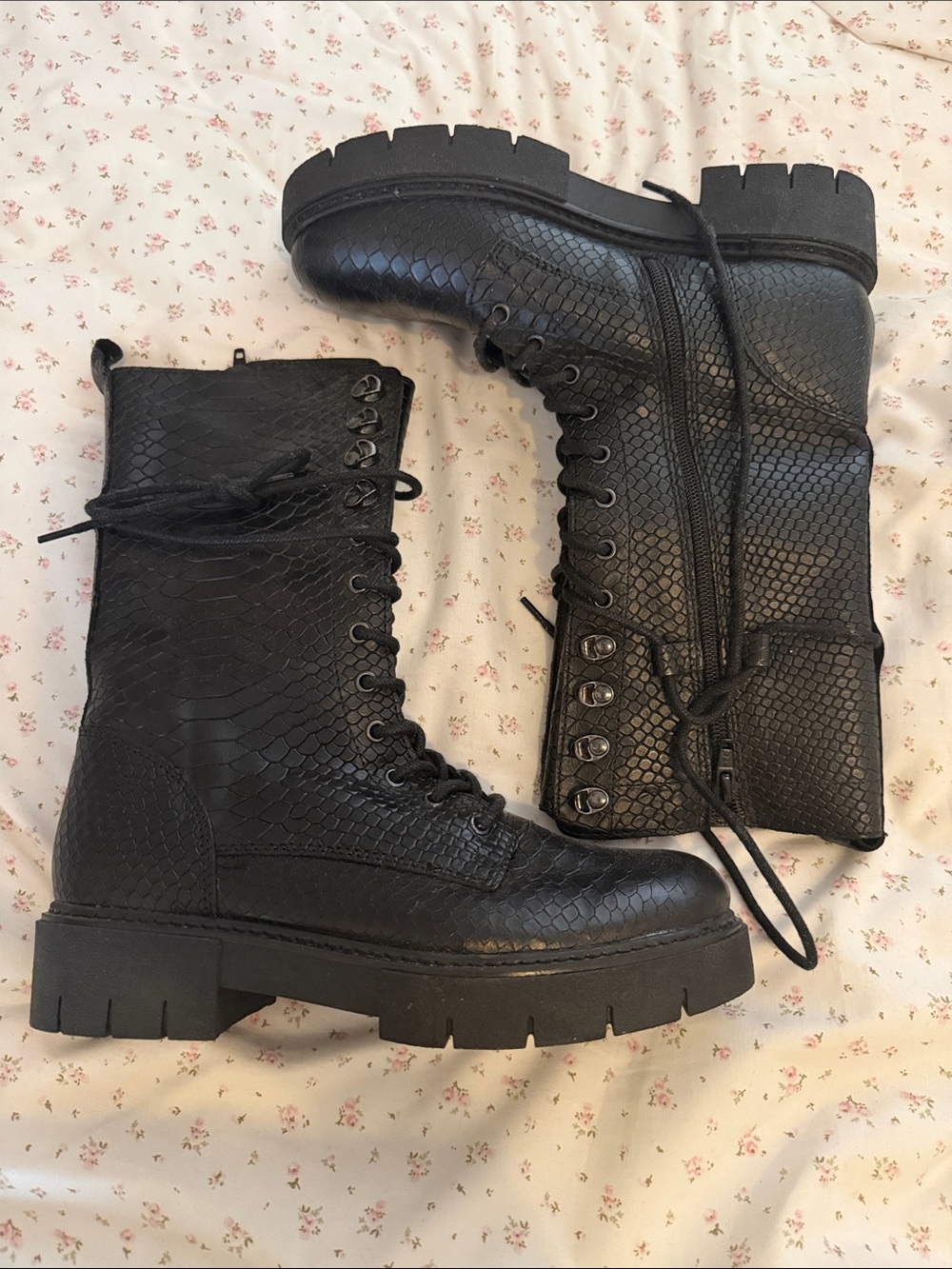 Black Faux-Snake Combat Boots - Women's Lace-Up Boots
